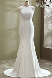 White Mermaid Round Neckline Long Formal Gown, White Wedding Party Dress KPP2026