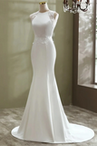 White Mermaid Round Neckline Long Formal Gown, White Wedding Party Dress KPP2026