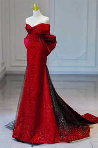 Red and Black Off Shoulder Mermaid Long Party Dress, Red and Black Prom Dress KPP2028