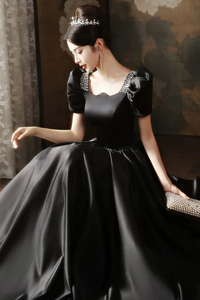 Black Short Sleeves Beaded A Line Satin Prom Dress, Black Satin Party Dress KPP2032