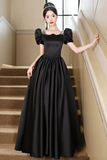 Black Short Sleeves Beaded A Line Satin Prom Dress, Black Satin Party Dress KPP2032