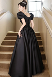 Black Short Sleeves Beaded A Line Satin Prom Dress, Black Satin Party Dress KPP2032