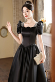 Black Short Sleeves Beaded A Line Satin Prom Dress, Black Satin Party Dress KPP2032