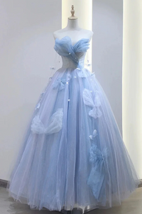 Blue Tulle A Line Long Prom Dress, Sweetheart Blue Beaded Party Dress KPP2033