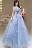 Blue Tulle A Line Long Prom Dress, Sweetheart Blue Beaded Party Dress KPP2033