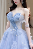 Blue Tulle A Line Long Prom Dress, Sweetheart Blue Beaded Party Dress KPP2033