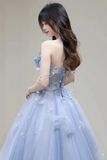 Blue Tulle A Line Long Prom Dress, Sweetheart Blue Beaded Party Dress KPP2033