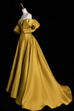 Gold Satin A Line Lace Up Long Party Dress with Sleeves, Gold Satin Prom Dress KPP2047