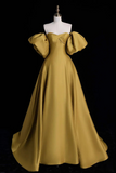 Gold Satin A Line Lace Up Long Party Dress with Sleeves, Gold Satin Prom Dress KPP2047