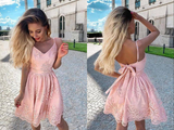 Kateprom Blush Pink Lace A line V neck Spaghetti Straps Homecoming Dresses KPH0556