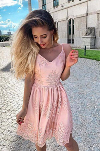 Kateprom Blush Pink Lace A line V neck Spaghetti Straps Homecoming Dresses KPH0556