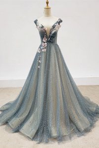 Kateprom Chic A line Gray Blue V neck Long Beaded Prom Dress Tulle Floral Evening Party Dress KPP1557