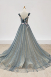 Kateprom Chic A line Gray Blue V neck Long Beaded Prom Dress Tulle Floral Evening Party Dress KPP1557