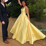 Kateprom A Line V Neck Yellow Prom Dresses, Yellow V Neck Formal Graduation Evening Dresses KPP1567