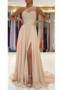 Kateprom Chic A line One Shoulder Long Prom Dress Lace Evening Dress With Split KPP1582