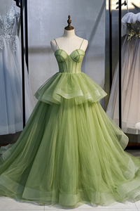 Green Tulle Long Prom Dresses A-Line Evening Dresses With Train KPP1734