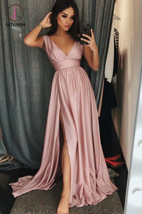 Kateprom A-Line V-Neck Sleeves Pink Satin Prom/Evening Dress With Split KPP0969