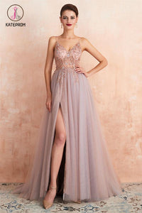 Kateprom Straps A-Line Beading Rose Split Tulle Prom Dress With Crystal KPP0968