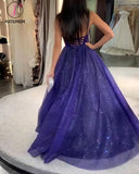 Kateprom A-Line V Neck Royal Blue Prom Dress Cross Back Evening Dress KPP0971