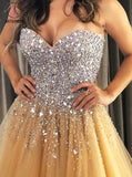 Kateprom Sweetheart Champagne Tulle Sweep Train Prom Evening Dresses With Beading KPP0970