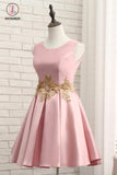 Kateprom Pink A Line Sleeveless Ruched Homecoming Dress with Gold Appliques, Short Prom Dress KPH0357