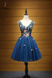 Kateprom Cheap Dark Blue V Neck Tulle Short Homecoming Dress with Appliques KPH0356