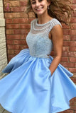 Kateprom Ice Blue Beading Satin Sleeveless Open Back Homecoming Dress,Sparkly Prom Gown with Pockets KPH0268