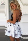 Kateprom Simple V-Neck Criss-Cross Straps Print Short White Satin Homecoming Dress with Black Top KPH0269