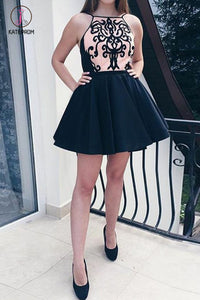 Kateprom A-Line Bateau Appliques Sleeveless Short Black Homecoming Dress,Mini Black Dresses KPH0270