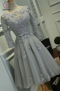 Kateprom Grey A-line Bateau Knee-length Lace Appliques Tulle Homecoming Dress with Belt KPH0276