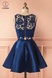 Kateprom Two Piece Dark Blue Sleeveless Satin Short Homecoming Dress with Lace Appliques KPH0285