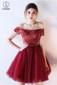 Kateprom Dark Red Off the Shoulder Short Prom Dress with belt, Short Beading Homecoming Dress KPH0289