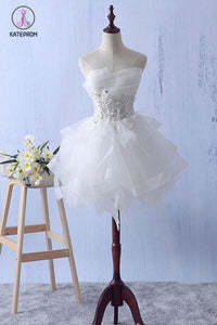 Kateprom Ivory Mini Ruffles Strapless Short Homecoming Dress,Lace Appliques Graduation Dress KPH0294