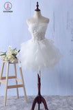 Kateprom Ivory Mini Ruffles Strapless Short Homecoming Dress,Lace Appliques Graduation Dress KPH0294