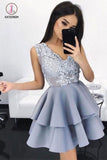 Kateprom See Through Two Layers Sleeveless V Neck Homecoming Dress, Short Lace Appliqued Prom Dress KPH0295