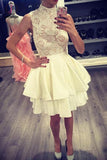 Kateprom Ivory High Neck Satin Homecoming Dress with Lace, Short Two Layers Prom Dress KPH0298