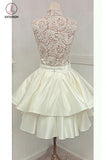 Kateprom Ivory High Neck Satin Homecoming Dress with Lace, Short Two Layers Prom Dress KPH0298