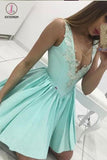 Kateprom Cute Tiffany Blue V Neck Appliqued Short Homecoming Dress, Mini Graduation Dress KPH0304