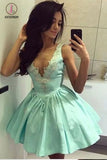 Kateprom Cute Tiffany Blue V Neck Appliqued Short Homecoming Dress, Mini Graduation Dress KPH0304