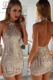 Kateprom Sequined Short Homecoming Dress, Sheath Halter Backless Short Party Dress KPH0308