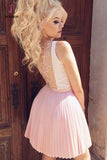 Kateprom Mini Pink V Neck Sleeveless Ruched Homecoming Dress, Short Pleats Short Prom Dress KPH0310