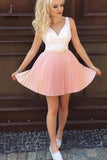 Kateprom Mini Pink V Neck Sleeveless Ruched Homecoming Dress, Short Pleats Short Prom Dress KPH0310