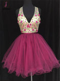 Kateprom Mini Deep V Neck Sleeveless Tulle Homecoming Dress with Appliques, Short Prom Dress KPH0311