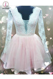 Kateprom Pearl Pink A Line Long Sleeves V Neck Short Homecoming Dress with Lace Appliques KPH0313