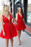 Kateprom Cheap Cute V-Neck Applique Lace Homecoming Dress,Tulle Short Prom Dress KPH0315