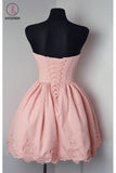 Kateprom Pink Sweetheart Lace Appliques Short Graduation Dress, New Strapless Homecoming Dress KPH0328