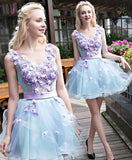 Kateprom Stylish Light Blue Tulle Short Homecoming Dress with Lilac Appliques, Sweet 16 Dress KPH0331