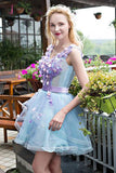 Kateprom Stylish Light Blue Tulle Short Homecoming Dress with Lilac Appliques, Sweet 16 Dress KPH0331