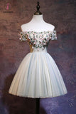 Kateprom Cute Off the Shoulder Tulle Homecoming Dress, Light Green Short Prom Dress with Flowers KPH0333