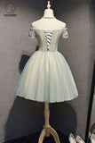 Kateprom Cute Off the Shoulder Tulle Homecoming Dress, Light Green Short Prom Dress with Flowers KPH0333